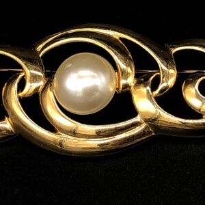Vintage Napier Gold Tone Scroll Brooch Faux Pearl Signed Mid Century